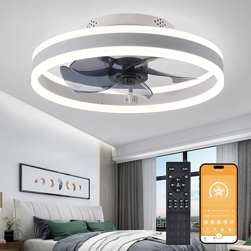 MOSSCO Mennyezeti Ventilátor LED Világítással, 40 cm, Távirányítós, Applikációval Vezérelhető, 3 Fényerő, 6 Sebességfokozat, Csendes Működés