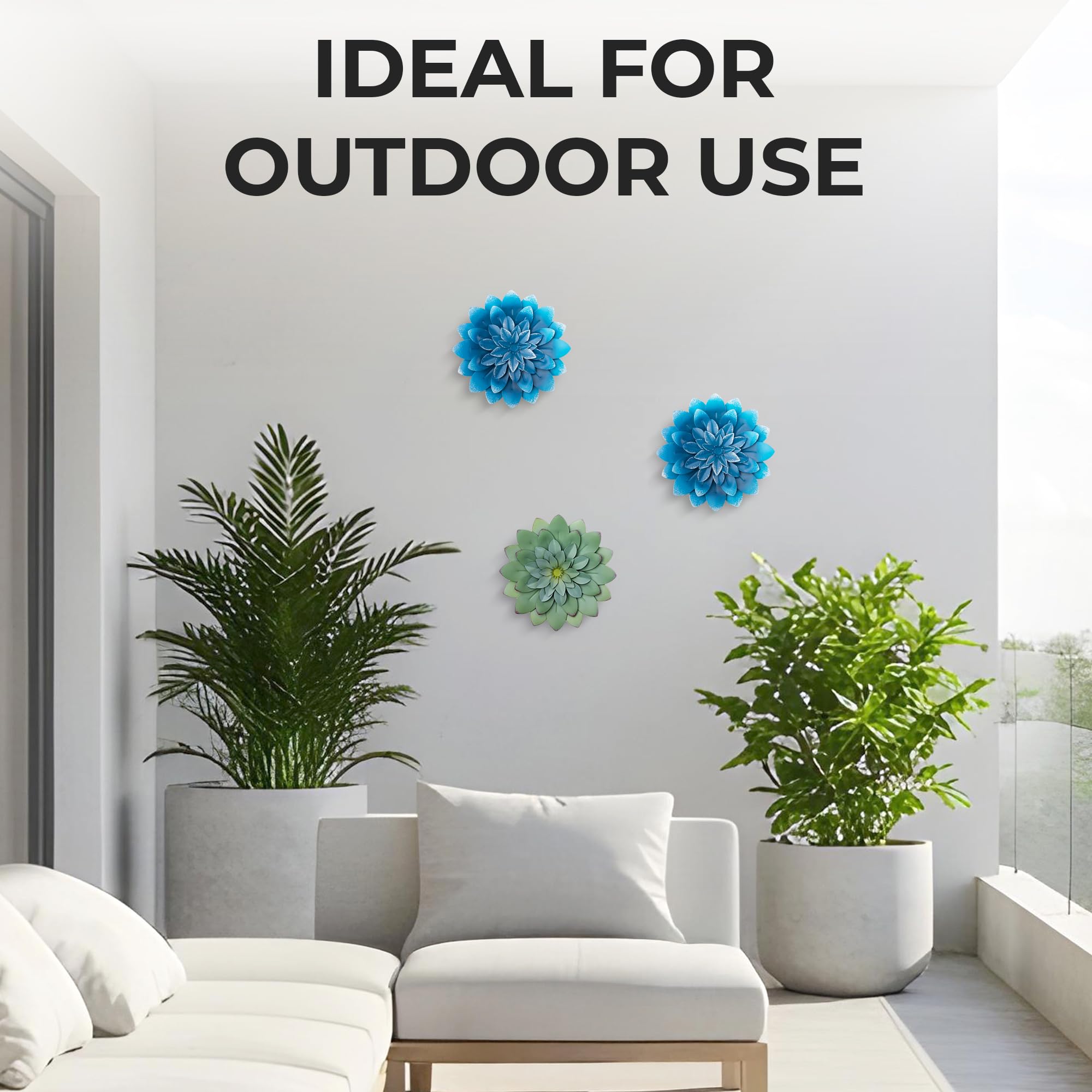 Decoración de pared de flores de metal suculentas, azul, pintadas a mano, decoración artística de flores 3D para sala de estar, dormitorio, cocina, baño, decoración floral para uso en 6