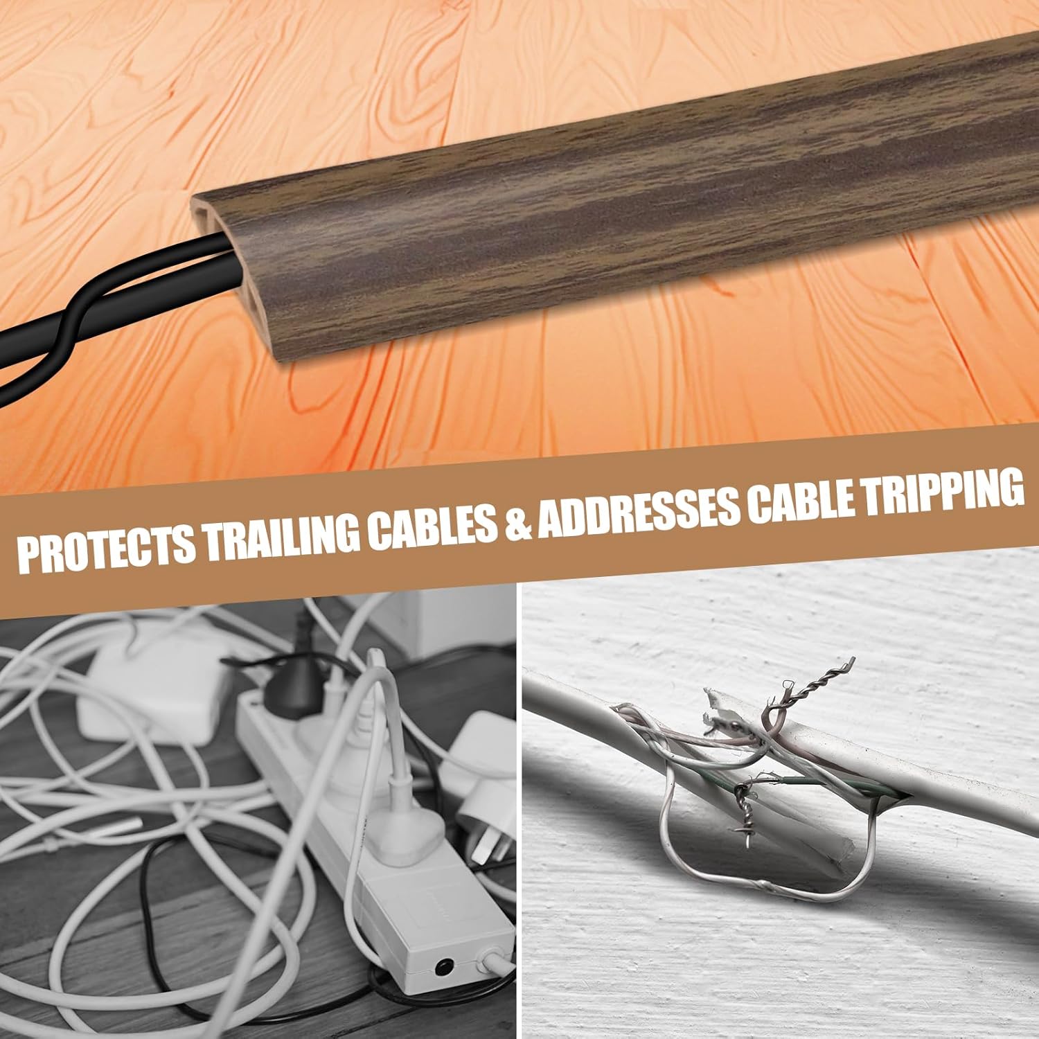 Floor Cord Cover Self Adhesive Cord Hider,20FT Cable Management, Extension Strip Protector for Wires, Prevent Cable Trips for Offices, Gyms, Exhibitions Cavity:0.39"(W) x 0.27"(H) Wood Walnut