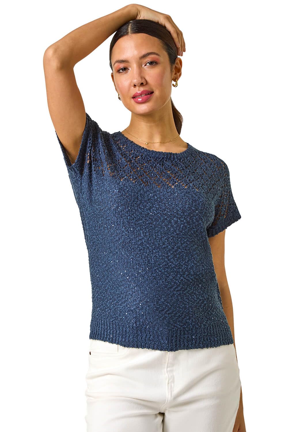 Roman Originals Crochet Mixed Knit Top for Women UK - Ladies Everyday Holiday Spring Summer Round Neckline Comfy Soft Evening Vacation Work Party - Navy - Size 20