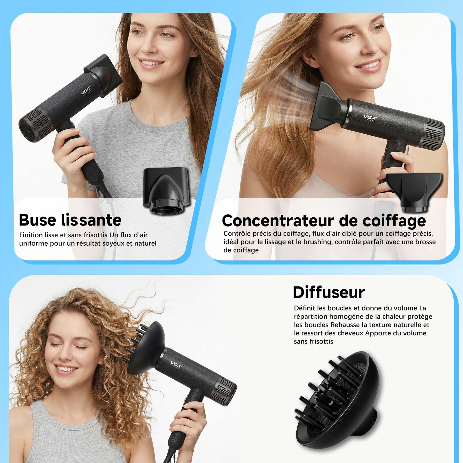 VGR 640 HD Seche Cheveux Diffuseur boucle Professionnel, Seche Cheveux Diffuseur Avec Moteur BLDC 110000 Tr/Min Pour Séchage Rapide, Trois Accessoires De Coiffage Magnétiques, Coque Aarrière Amovible