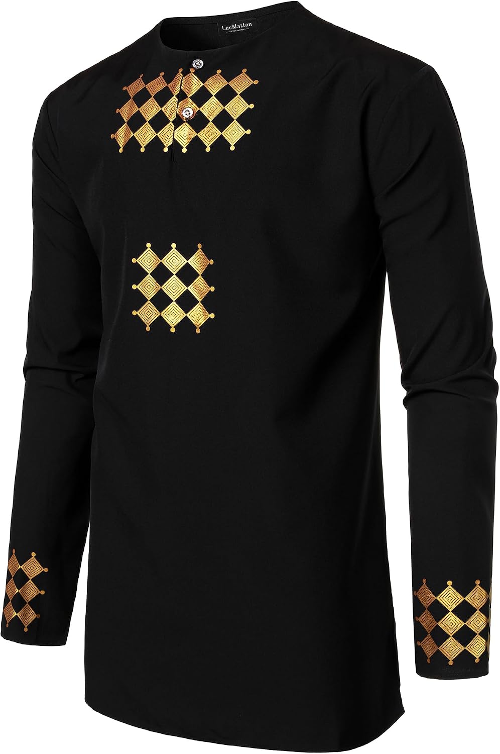 LucMatton Men's African Attire Dashiki Long Sleeve Shirt | Gold Foil Print, Slim Fit, Lightweight, Traditional Ethnic Style