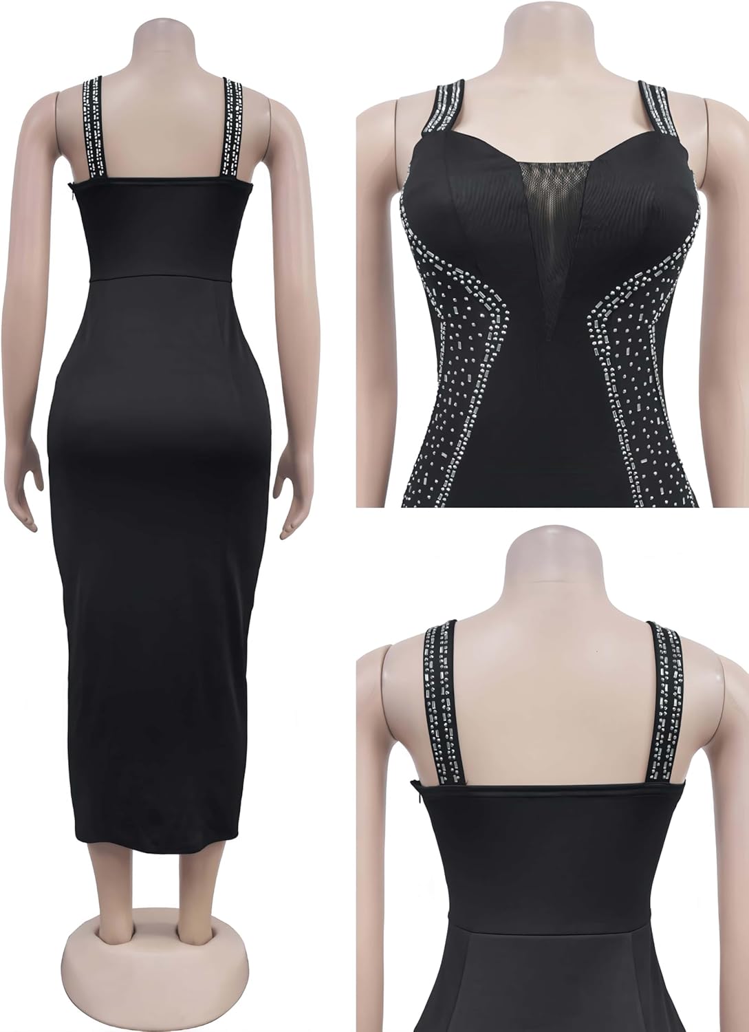 Sequin Rhinestone Bodycon Dress Midi Cocktail Dresses for Women Formal Wedding Guest,Black,S,C7070 - Image 7