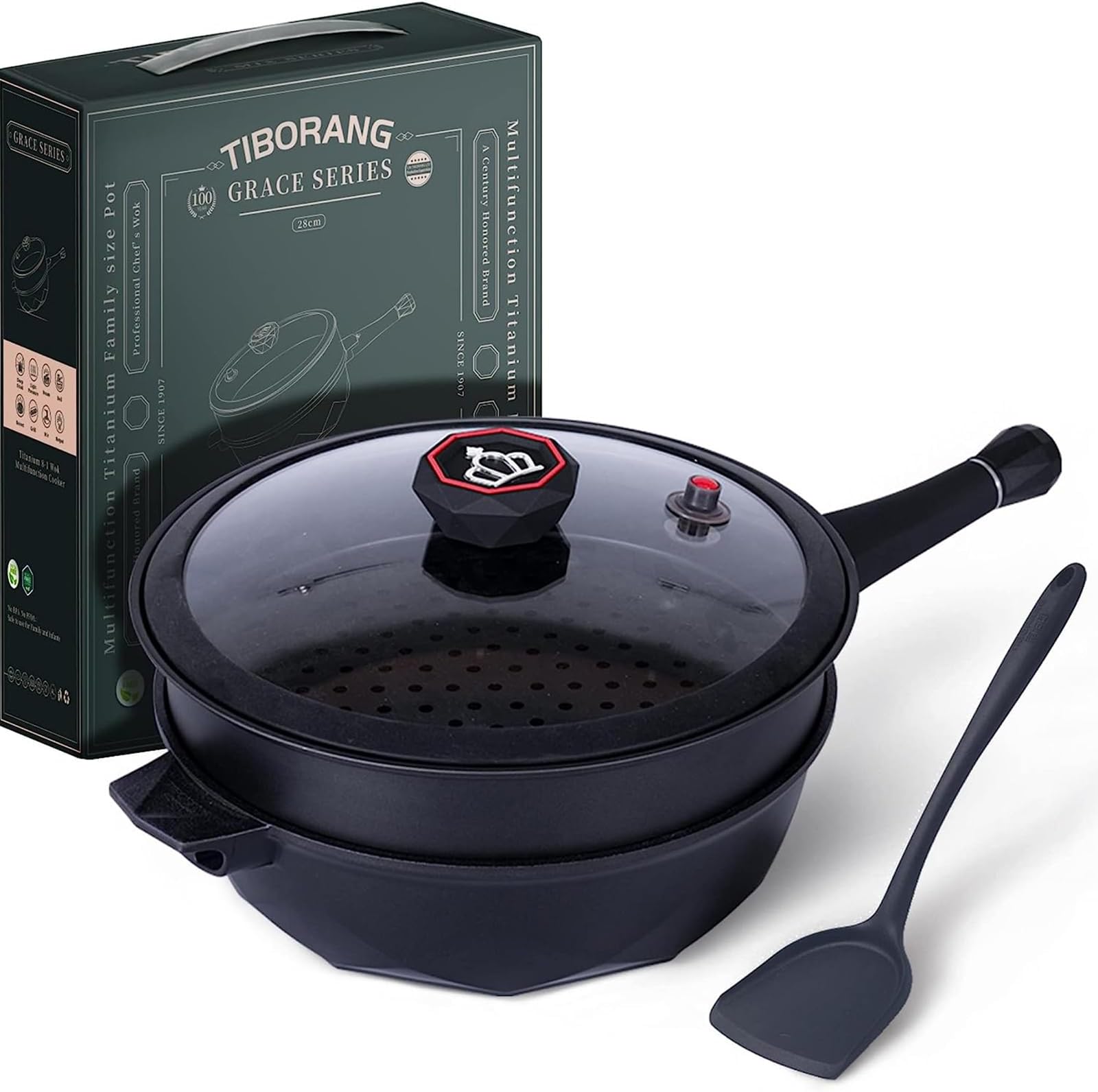 8 in 1 Nonstick Deep Frying Pan with Glass Lid, 11 Inch Large Skillet with Steamed Grid, PFOA-Free, Dishwasher&Oven Safe, Wok with All Stovetops(Black)