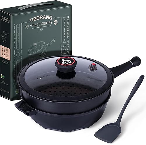 Miniatura 15 de TIBORANG Sartén antiadherente, wok grande de 5 cuartos, sartén profunda con tapa, mango que no se calienta, rejilla para vapor, libre de PFOA, apta
