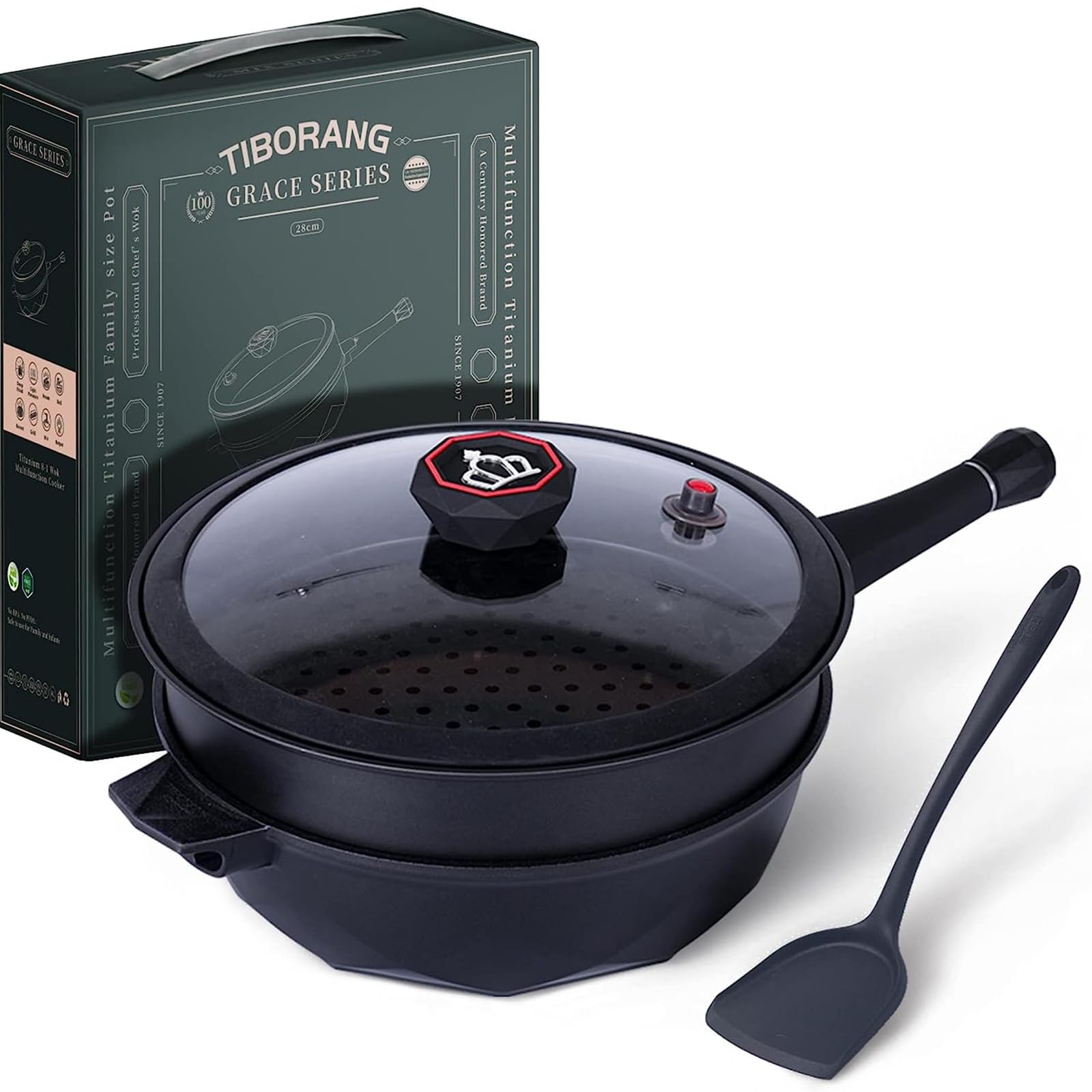 8 in 1 Nonstick Deep Frying Pan with Glass Lid, 11 Inch Large Skillet with Steamed Grid, PFOA-Free, Dishwasher&Oven Safe, Wok with All Stovetops(Black)