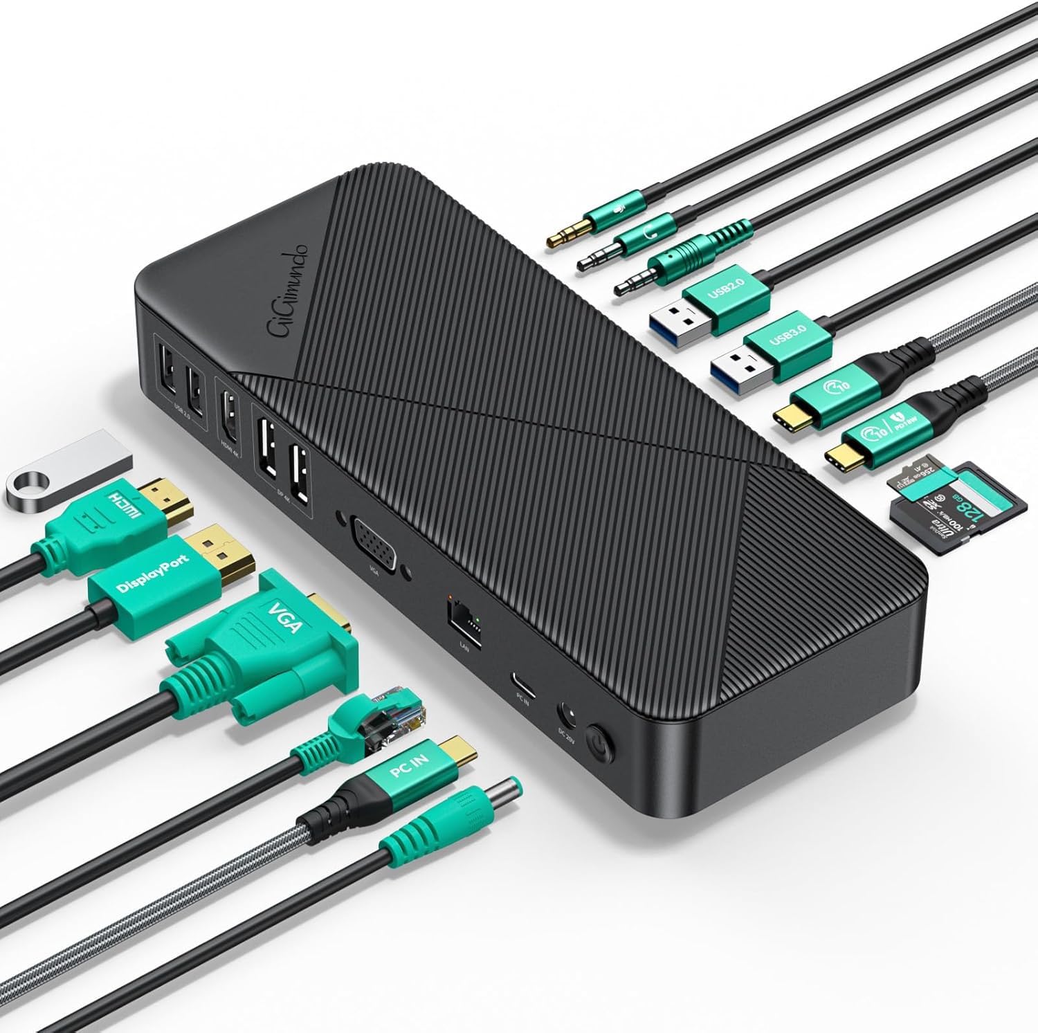 GiGimundo 20-in-1 Docking Station | PD Charger+HDMI 4K 60Hz+DP 4K 60Hz+VGA+Ethernet+SD/TF+Audio+Volume Knob+Security Lock, Laptop Docking Station for