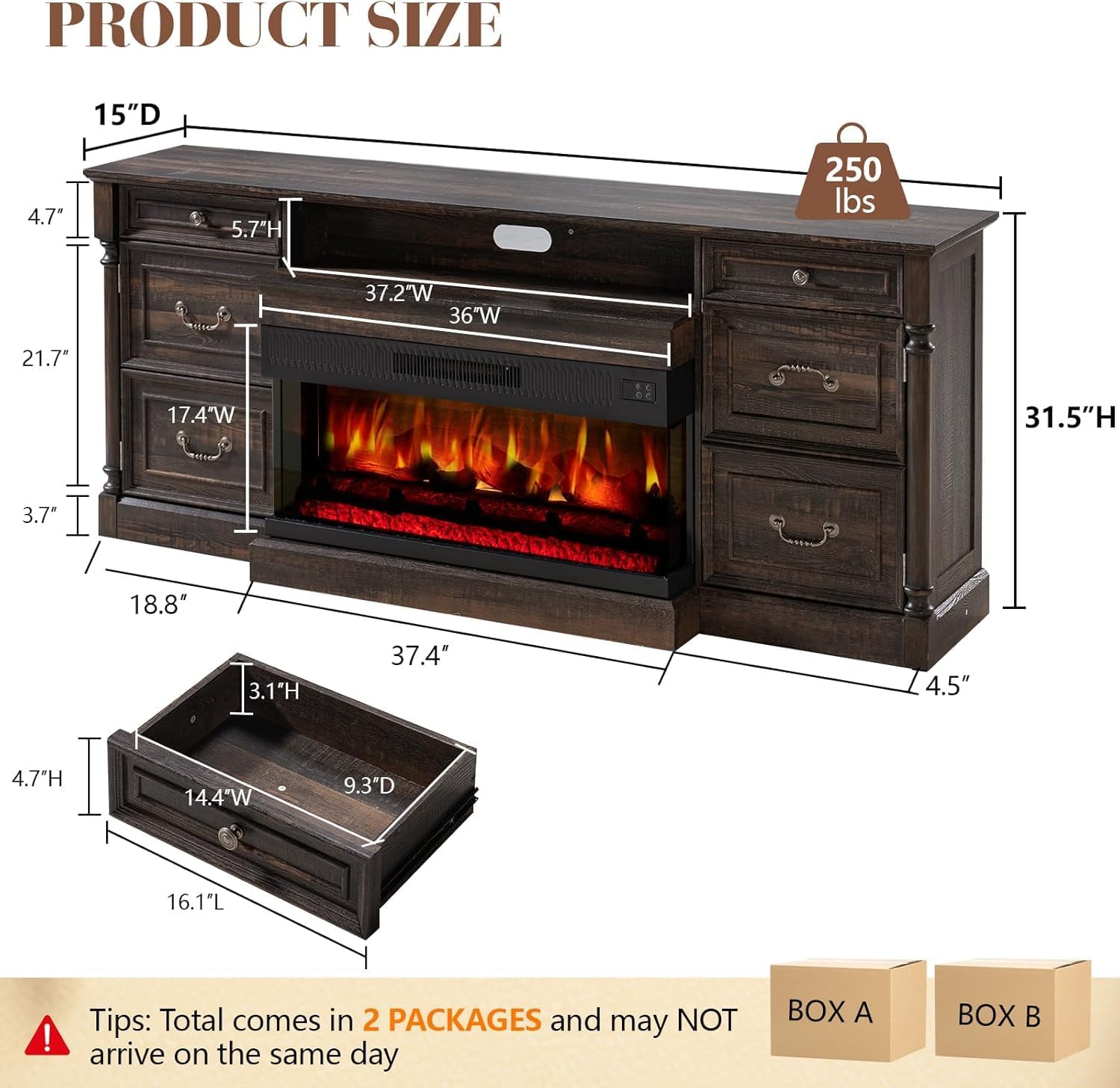 5-Piece Farmhouse Living Room Table Sets, Includes 75" Rustic TV Stand with 36" 3-Sided Glass Fireplace, 40" Coffee Table and 2 End Tables with Charging Station & Barn Doors, Black Oak 75in Black Oak