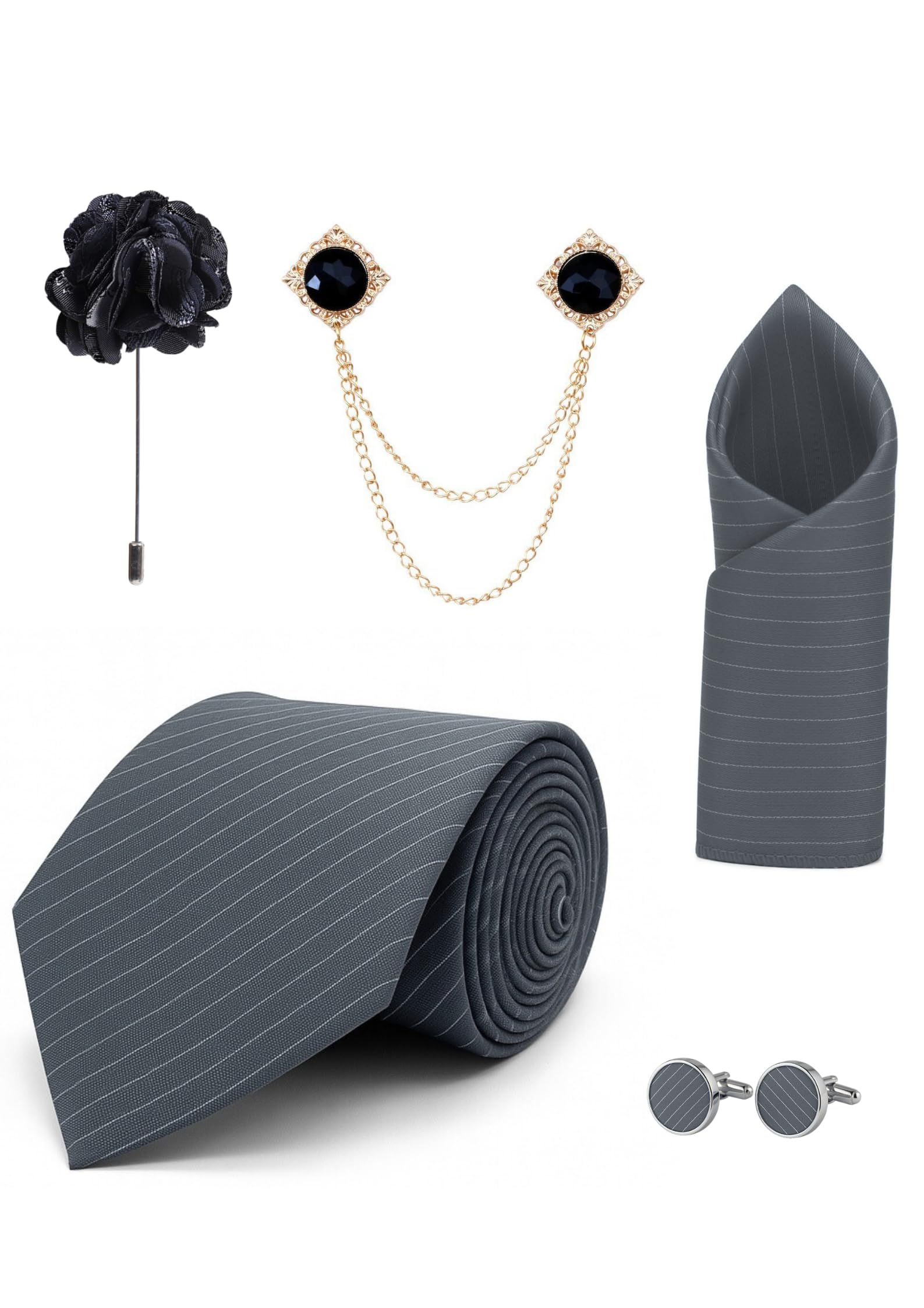 random stripe Premium Black Stripe Tie Combo Set for Men | Necktie, Pocket Square, Brooch, Lapel Pin & Cufflinks | 7 Colors | Wedding & Business Gift Set for Men-picture-41