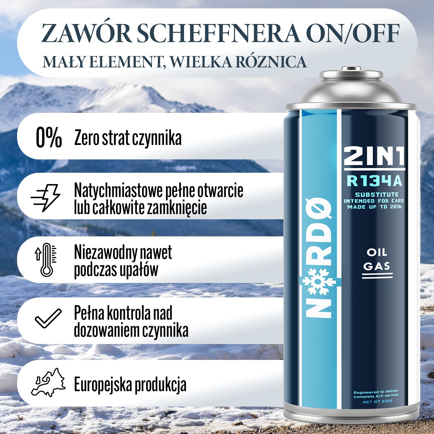 Nordo - Zamiennik Czynnika Chłodniczego R134a Gaz 1x 235 g z Wężem i Adapterem HP/LP do Klimatyzacji – Napełnianie Klimatyzacji Samochodowej – Gaz R134a – Kartusz Gazu – ECO