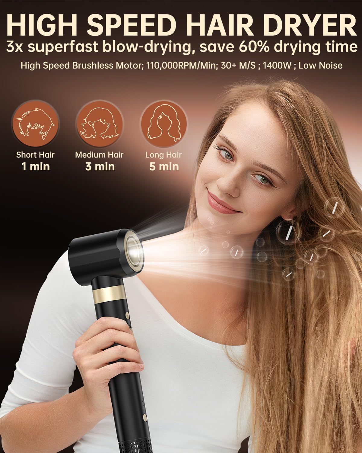 webeauty [podwójne napięcie] 6 w 1 suszarka do włosów, 110 000 obr./min, 25 m/s, 500 milionów jonów ujemnych, z szczotką do suszenia, okrągłą szczotką do suszenia, lokówkami Air Lock, czarna | 110,000 obr./min, 30 M/S, jonowa suszarka do włosów z 2 szczot