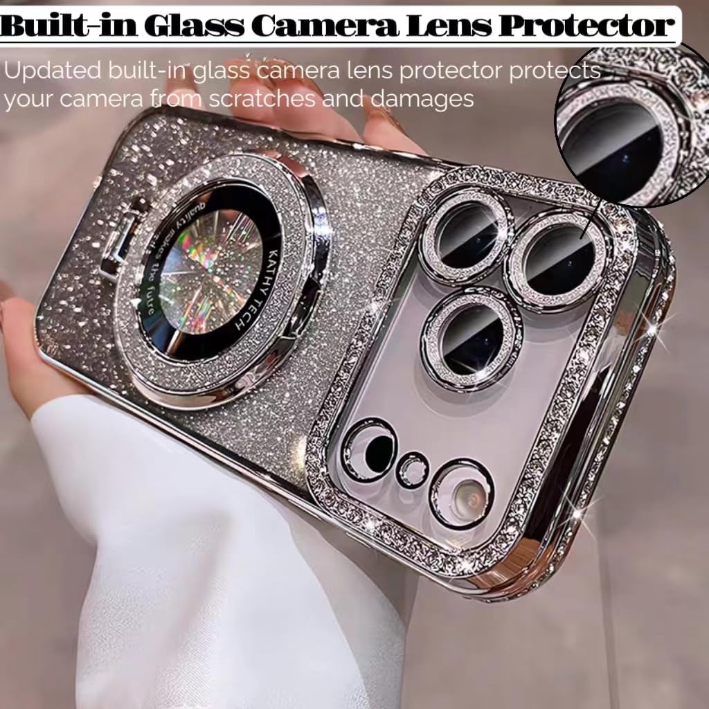 Magnetic Stand Glitter Case for iPhone 17 Pro Max, [Comatible with Magsafe], Luxury Cute Sparkly Bling Diamond Camera Lens Protector 2in1 Women Girls Soft Phone Cover Case for iPhone 17 Pro Max,Silver - Image 4
