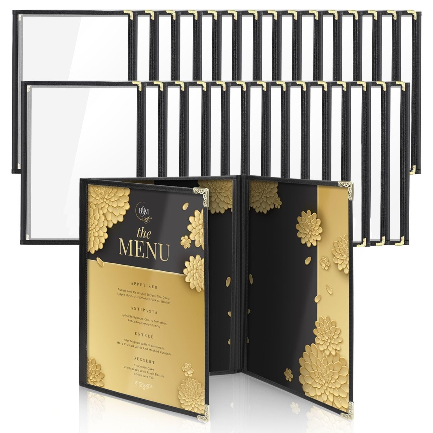 flexzion menú fundas para 9,4 "x 12,4" papel - restaurante Triple cosido carpeta fundas para libro 3 páginas 6 Vista con hojas de PVC transparente negro vinculante para Deli Cafe bebida Bar