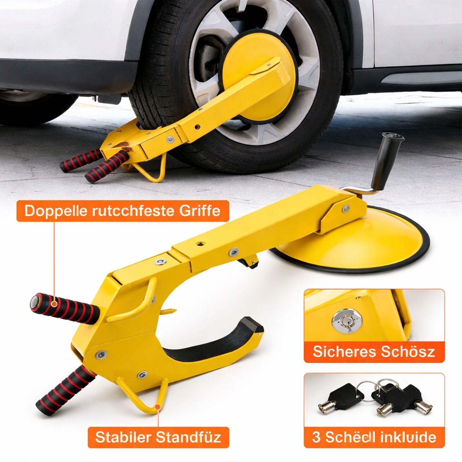 2er Set gelbe Radkrallen aus Q235 Stahl mit Saugnapf und Schlüsseln für Auto Anhänger Lkw SUV Camper Boot