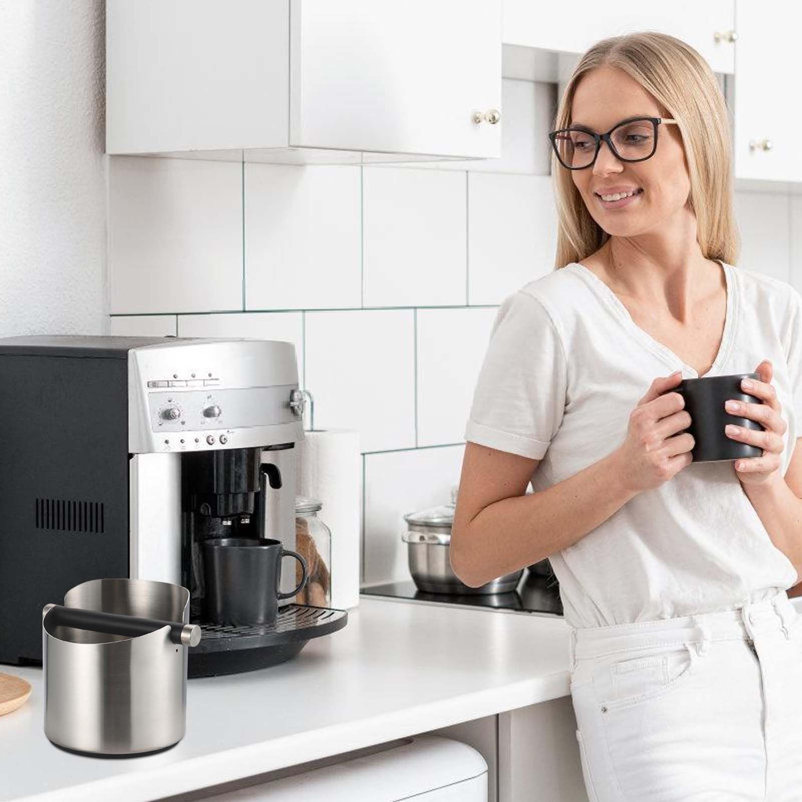 Recipiente para portafiltros, 600 ml de acero inoxidable, bandeja para eliminar fácilmente el café mojado para cafetera expreso (plata)