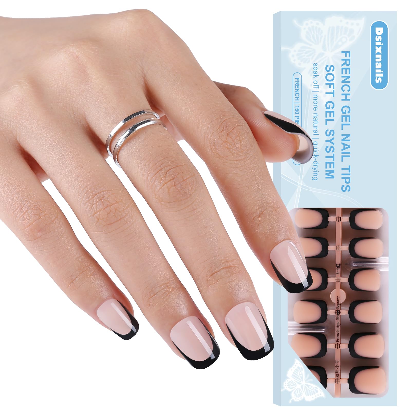 Black French Tip Press on Nails for Women, Dsixnails 150pcs Square Short French Gel Nail Tips, Pre-lasting Acrylic Soft Gel Nail Tips, Soak Off Full Cover Fake Nails Extension for Nail DIY