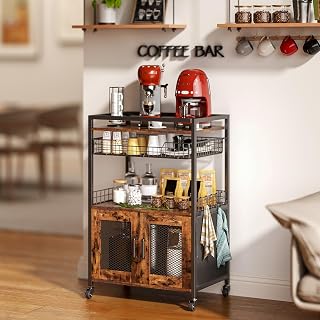 Coffee Bar Cabinet, 3 Tier Coffee Station Table on Wheels, Bar Cart with Wire Basket Drawer & 5 Hooks for Home Kitchen, Liquor Buffet Sideboard Cabinet (Rustic Brown)