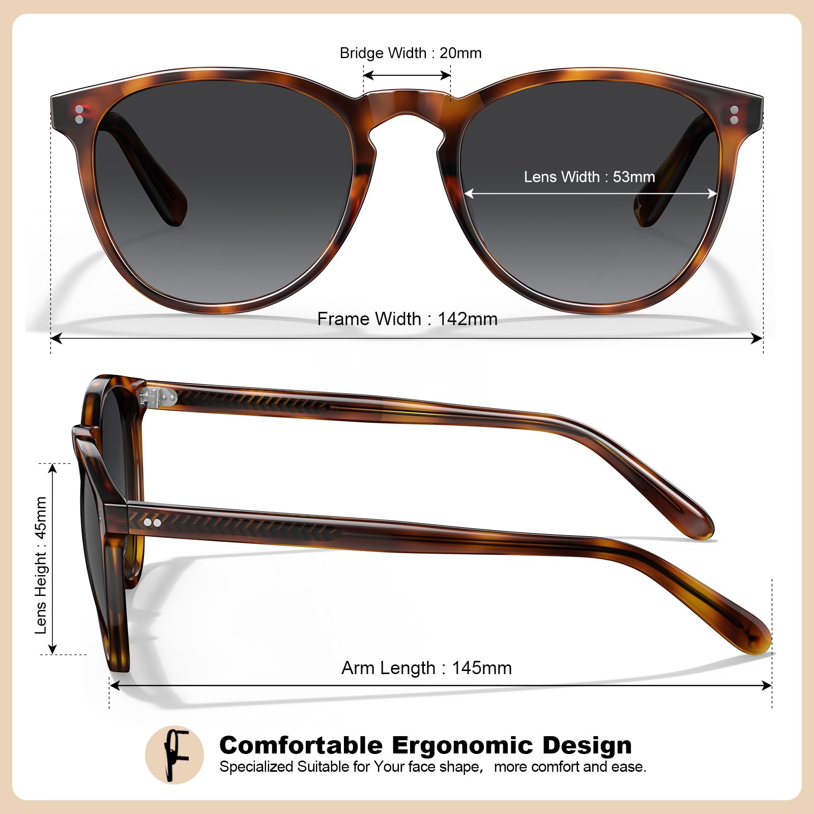 Carfia Lunettes de soleil polarisées à la mode vintage avec motif léopard tortue et protection UV400 avec étui et chiffon de nettoyage CA2307