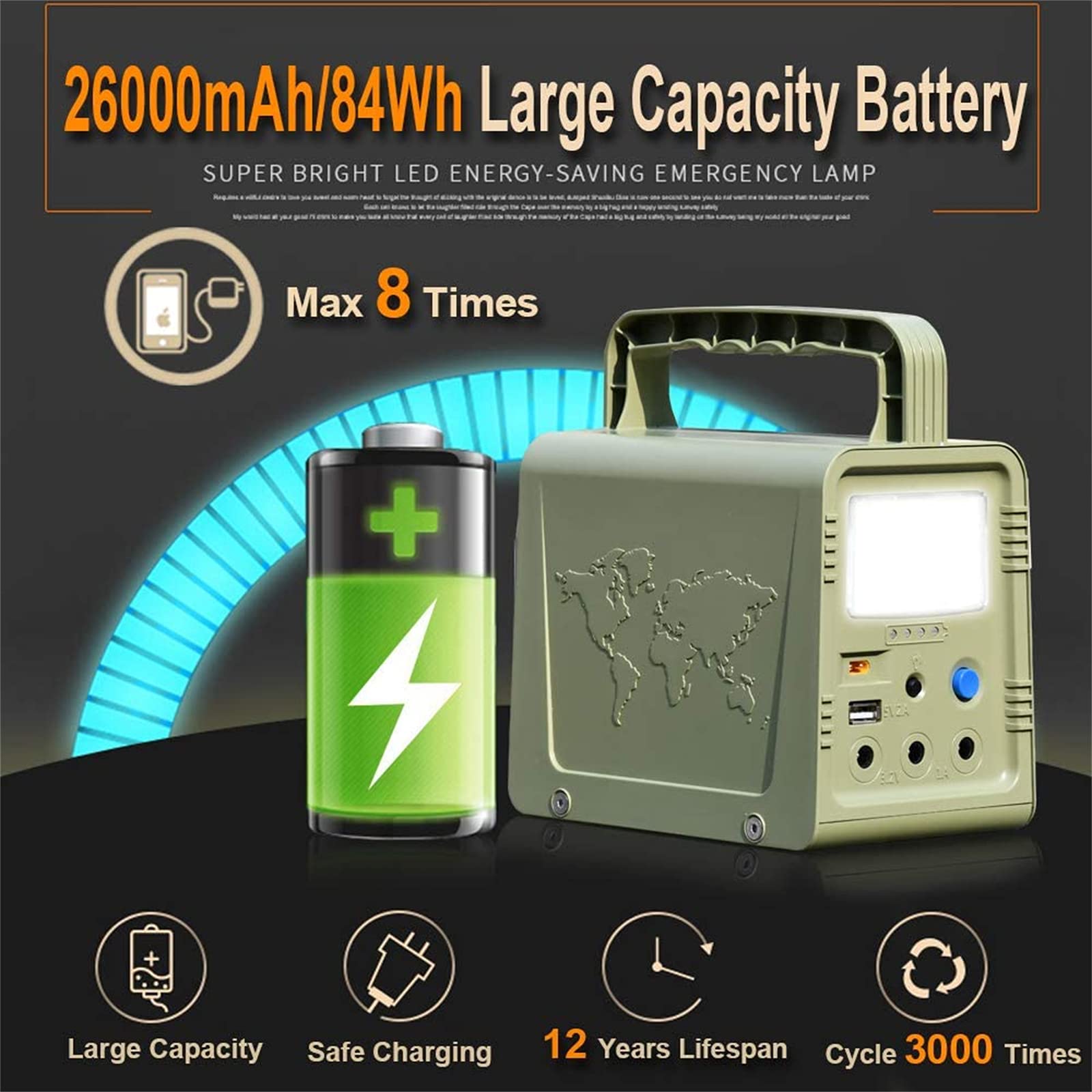Estación de energía portátil de 84 Wh, generador solar con 3 bombillas LED, puertos USB duales para acampar al aire libre