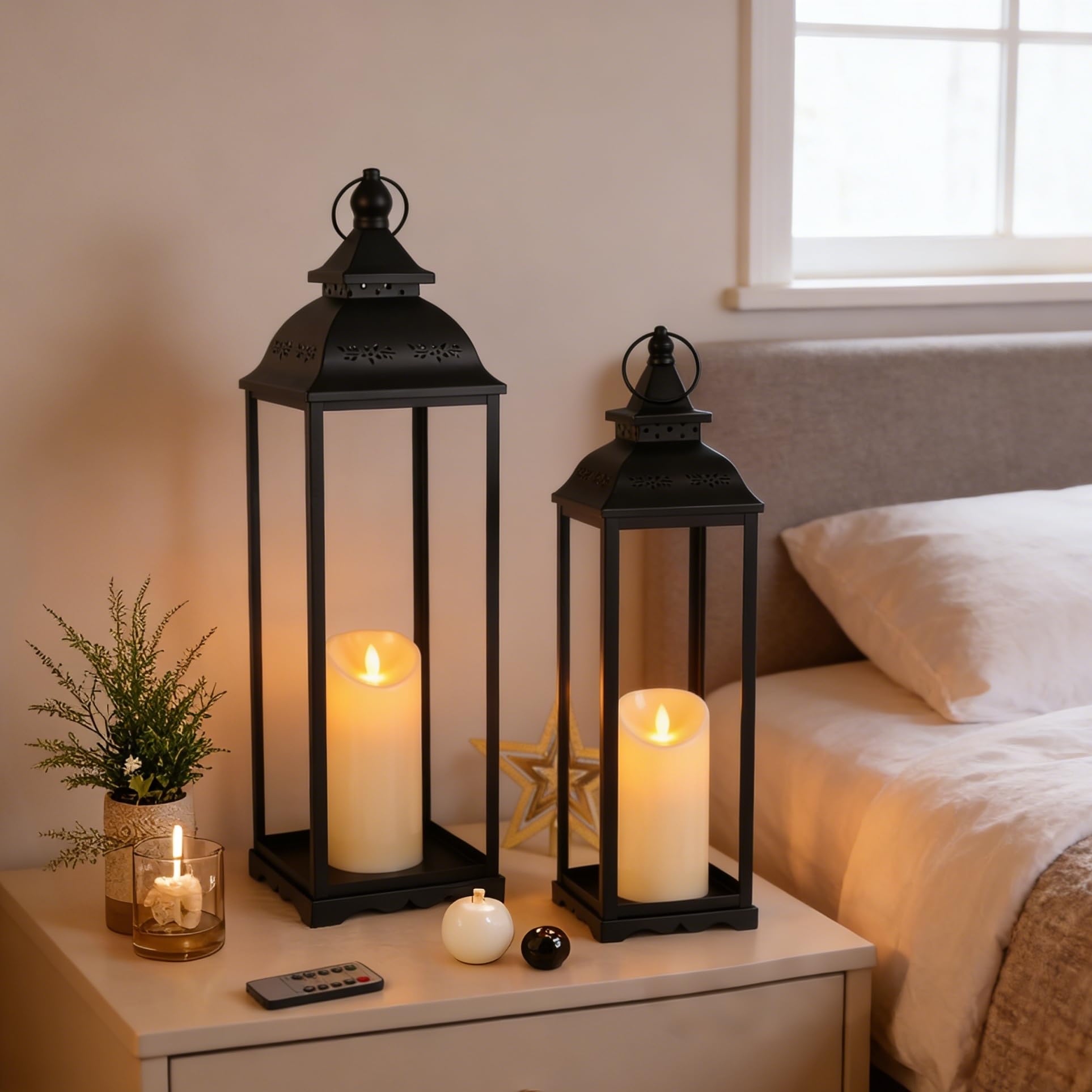 HAVITI 2 sztuki dużych lampionów dekoracyjnych do wnętrz, czarna latarnia wiejska na werandę, wysoka 56 cm, dekoracja latarni (bez szkła) z 2 szt. bezpłomieniowymi świecami, na ślub, do domu, na stół