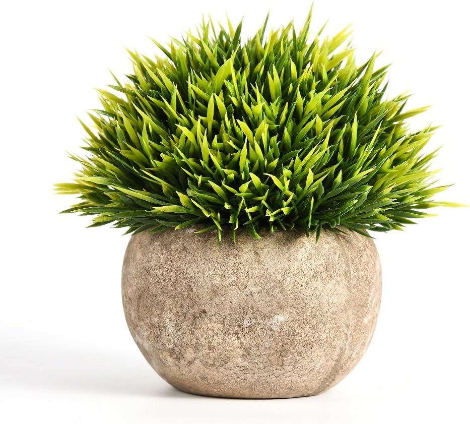 5 Inch x 5 Inch Artificial Plant Potted Green Grass Indoor Retro Fake Plant for Bedroom Home Decor Mini Pot Plant