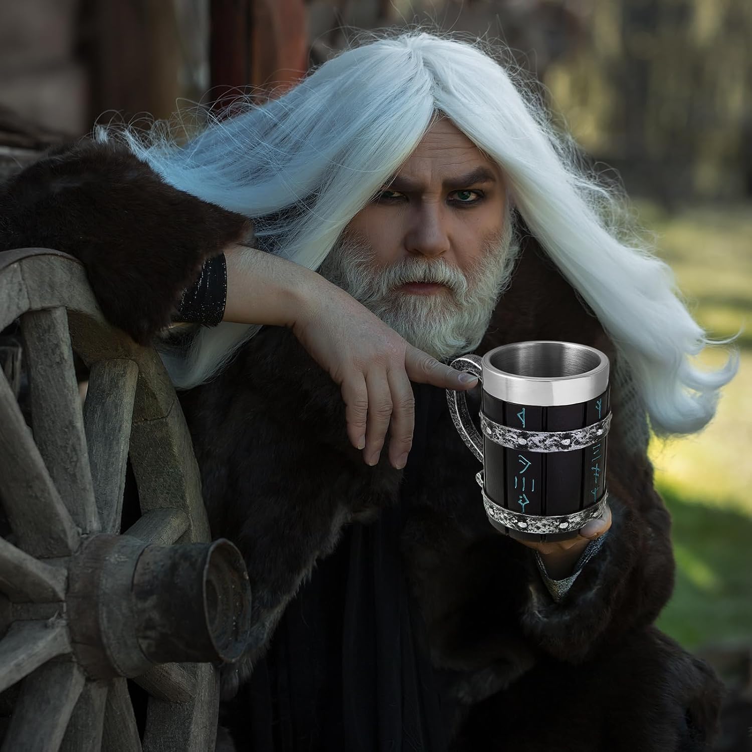 Tioncy 2 Pcs Nordic Rune Mug Tankard Stainless Steel Resin 3D Norse Decoration Gothic Coffee Beer Stein Mug Cool Novelty Cup Poetic Gifts for Men Drinking Party Decorations, 18 oz(Viking Style,Black)