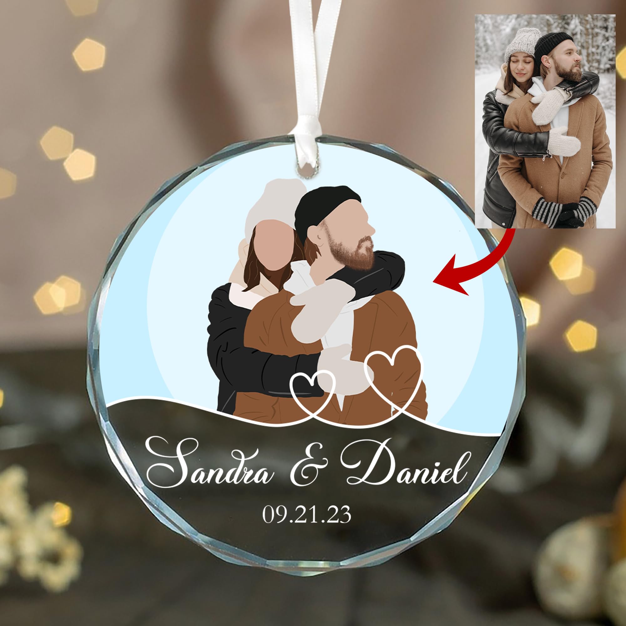 Personalized Faceless Portrait Crystal Ornament - Illustrated Couples Portrait Glass Ornaments, Valentine Day Gifts, Minimal Cartoon Couple Anniversary Digital Hand-Draw, Gift for Her/Him