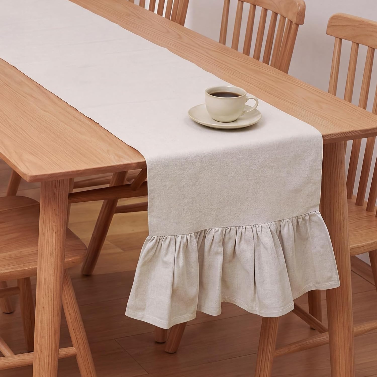 Gilprop Boho Table Runner Linen Farmhouse Table Runners with Ruffle Hem Rustic Burlap Home Party Decoration for Living Room(13 x 72 Inch,Linen Beige)