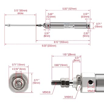 Heschen Stainless Steel Slim Air Pneumatic Cylinder, CDJ2B 16-80, M5 Port, 16mm Bore, 80mm Stroke, Double Acting Single Rod