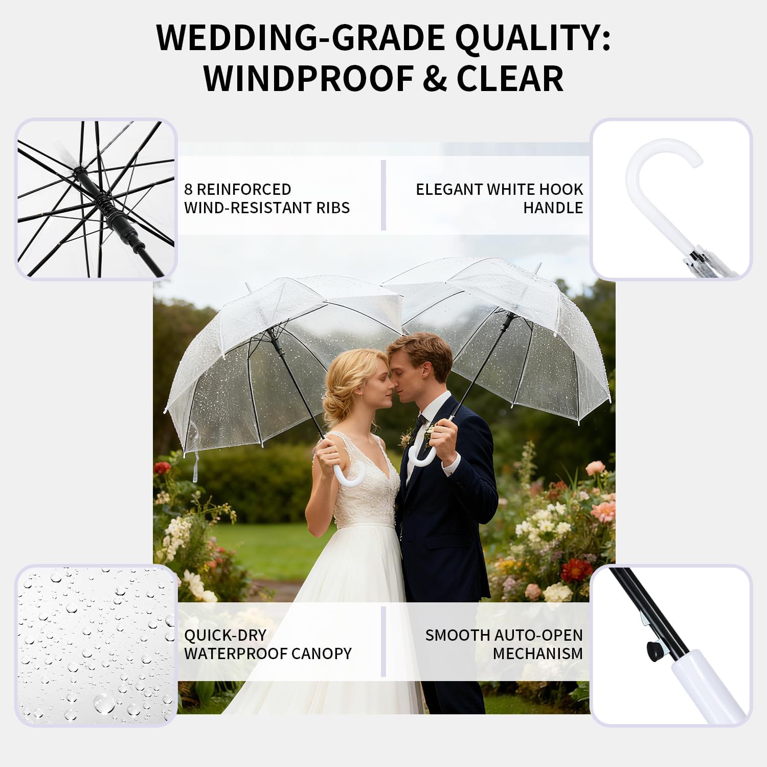 14-Pack Clear Umbrellas for Wedding – Bulk Dome Transparent Umbrella Set with White Hook Handle, Purple Ribbon & Thank You Tags, Large Clear Umbrella for Rain & Event Decor