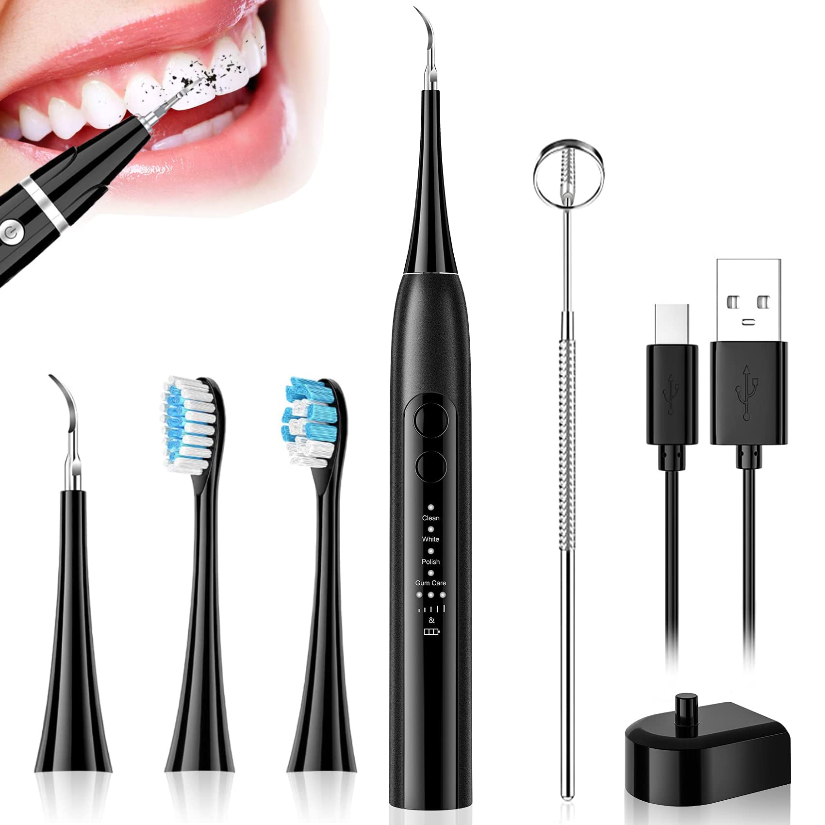 Plaque Remover for Teeth, KOWVOWZ Sonic Electric Tooth Cleaner, Dental Tartar Calculus Tooth Stain Remover Electric Toothbrush Kit with 4 Cleaning Heads, 4 Modes, USB Charger (Black)