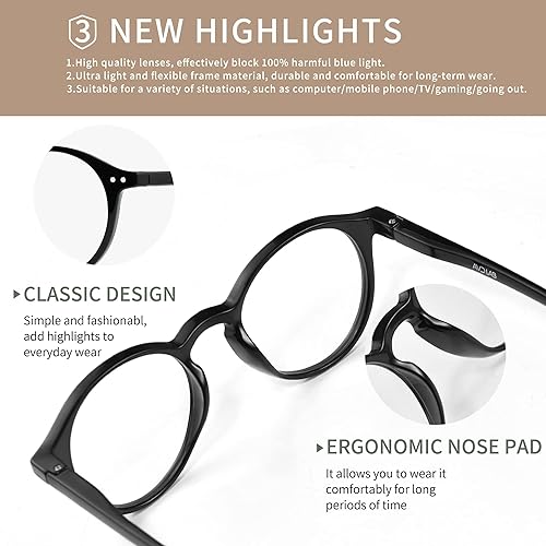 Miniatura 4 de AVDLAB Gafas de bloqueo de luz azul, redondas, retro, para computadora, juegos, para mujeres y hombres, con protección UV AB3303 (negro)