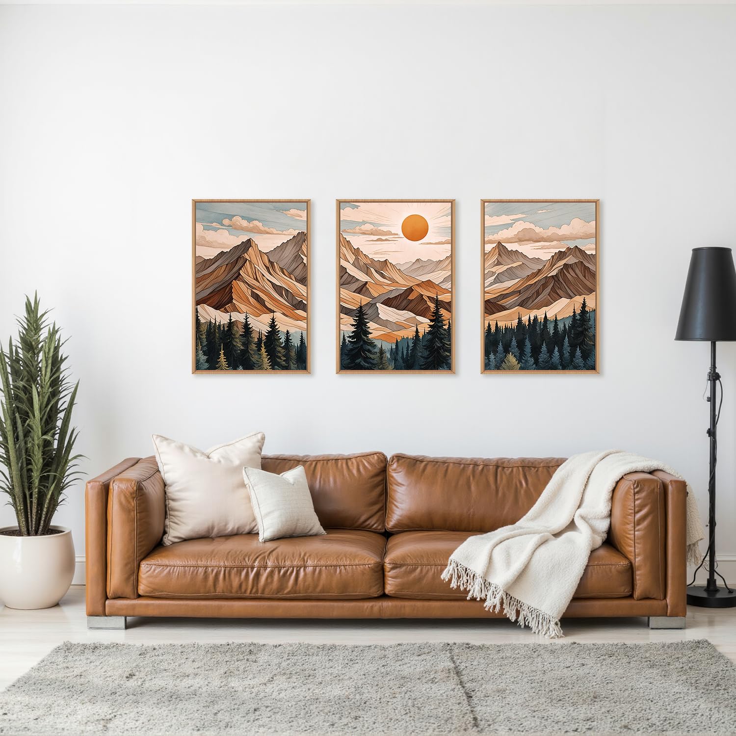 KAIRNE Vintage Mountain Framed Canvas Wall Art Set,Boho Pine Tree Forest Wall Decor,Woodcut Wilderness Landscape Art Prints,Nature Sunrise Artwork for Living Room,Bedroom,Farmhouse,Office-24 x36 x3