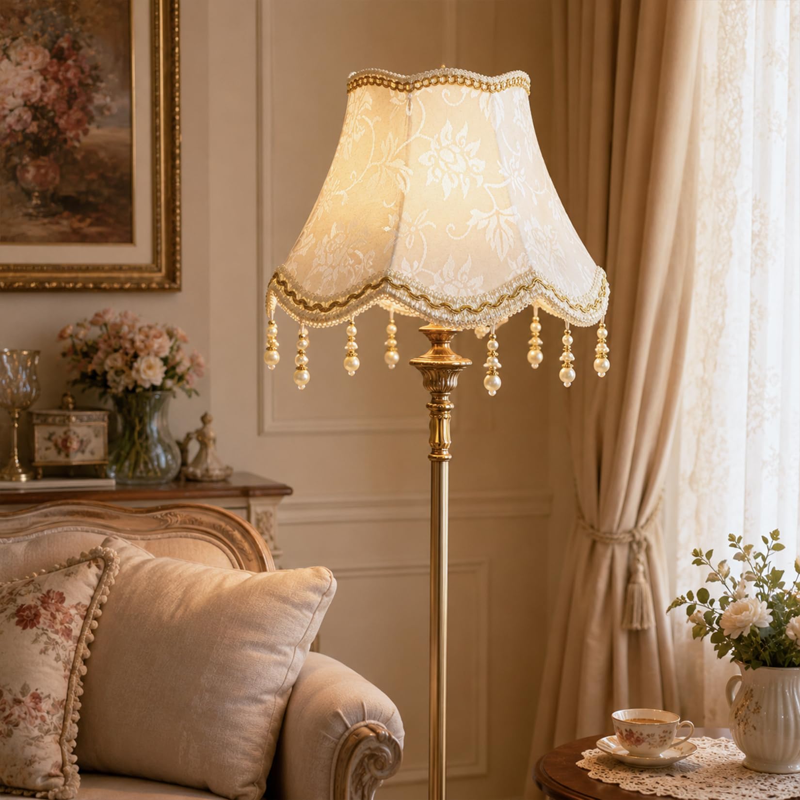 Kleiner Lampenschirm E27 Retro Anhänger Handgefertigte mit Fransen Eleganter Vintage Lampenschirm Stoff für Kronleuchter Pendellampe Wandleuchte Hängelampe (Beige)