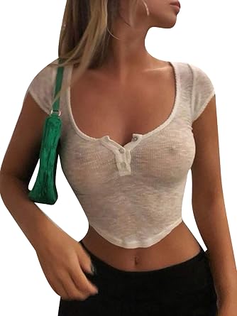 Women Summer Sexy Transparent T-Shirts Crop Top V Neck Buttons Short Sleeve Short Tee Shirts