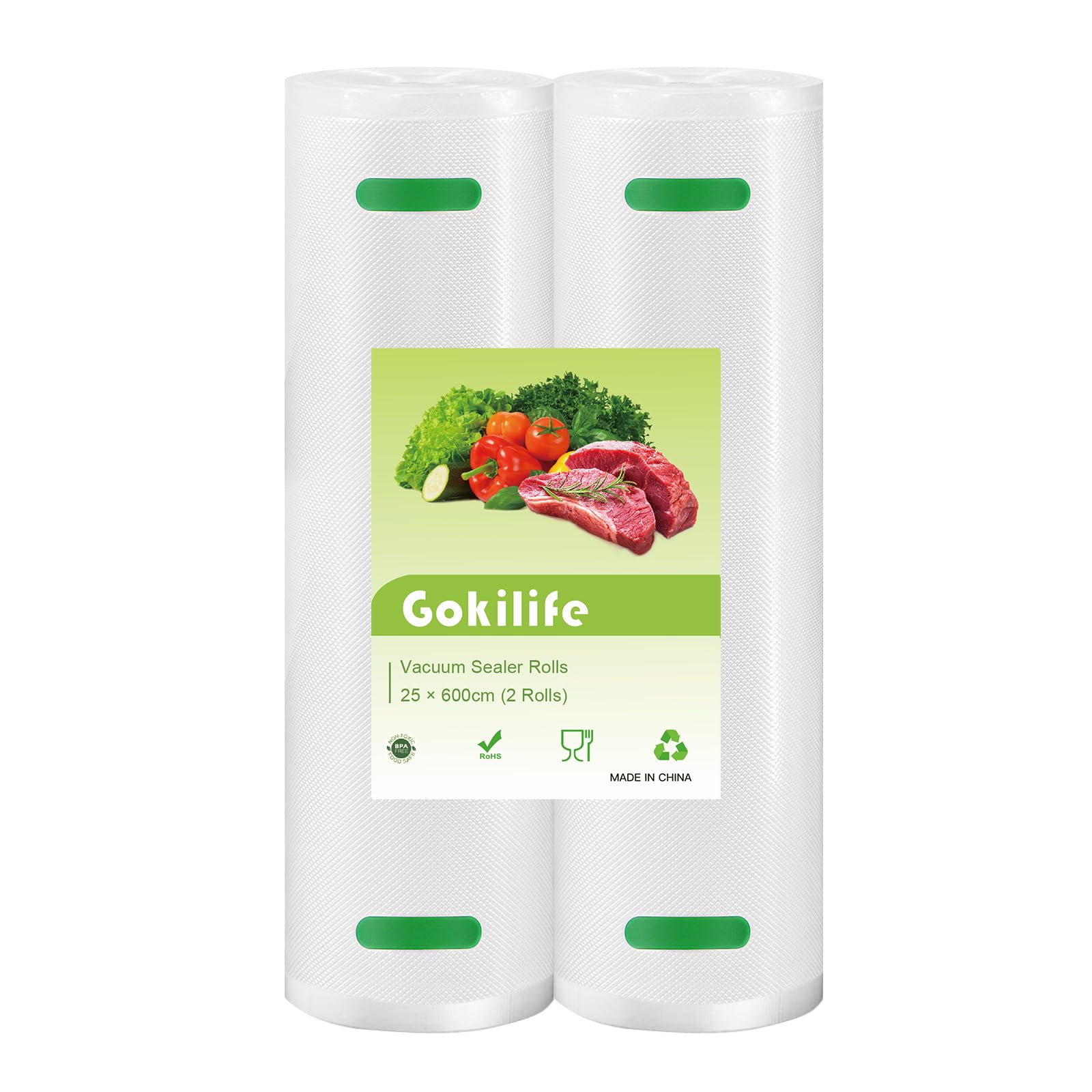 Vacuum Sealer Rolls Bags, Gokilife 2 Packs 25 x 600 cm Storage Bags (Total 12 m), BPA Free, Durable Commercial Customized Size for Food Storage and Sous Vide Cooking