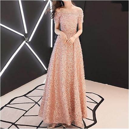 ZJDM Abiti da Sera con Paillettes Rosa Abito Lungo Elegante con Scollo a  Barchetta al Largo