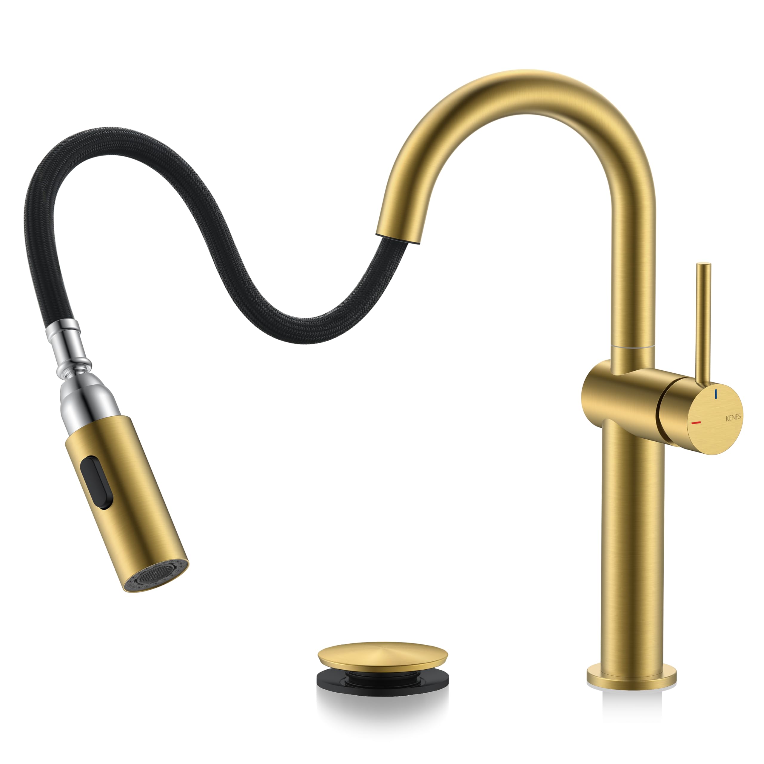 Photo 1 of KENES Brushed Gold Tall Bathroom Faucets with Pull Down Sprayer, High Vessel Sink Faucet with Pull Out Sprayer, Single Handle Vanity Faucet 1 Hole with Pop Up Drain & Supply Lines, LJ-9065A-4