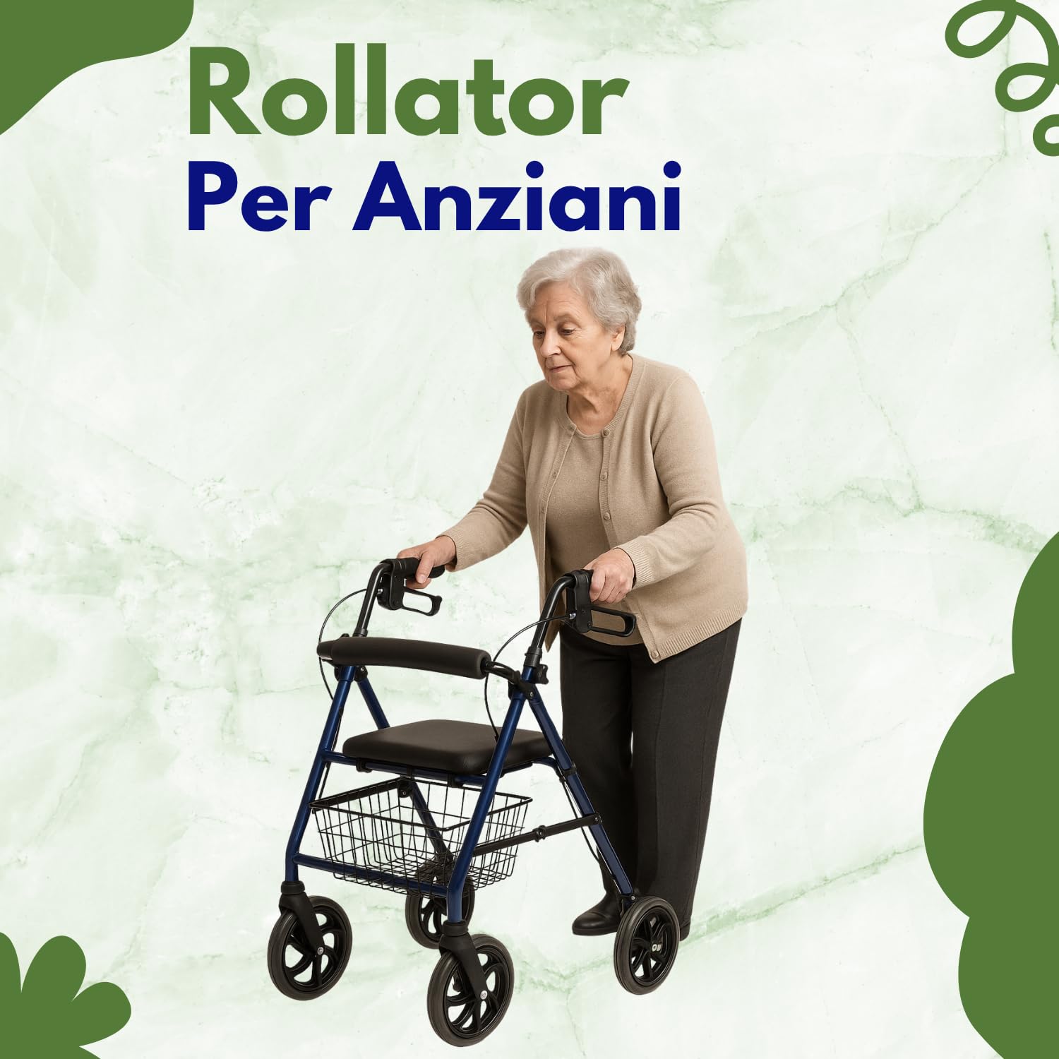 TERMIGEA RO10 - Deambulatore per Anziani con Seduta Pieghevole, Carrello per Anziani per Camminare in Acciaio (Portata 130KG) Sedile e Schienale Imbottito, Freni di Stazionamento, Altezza Regolabile