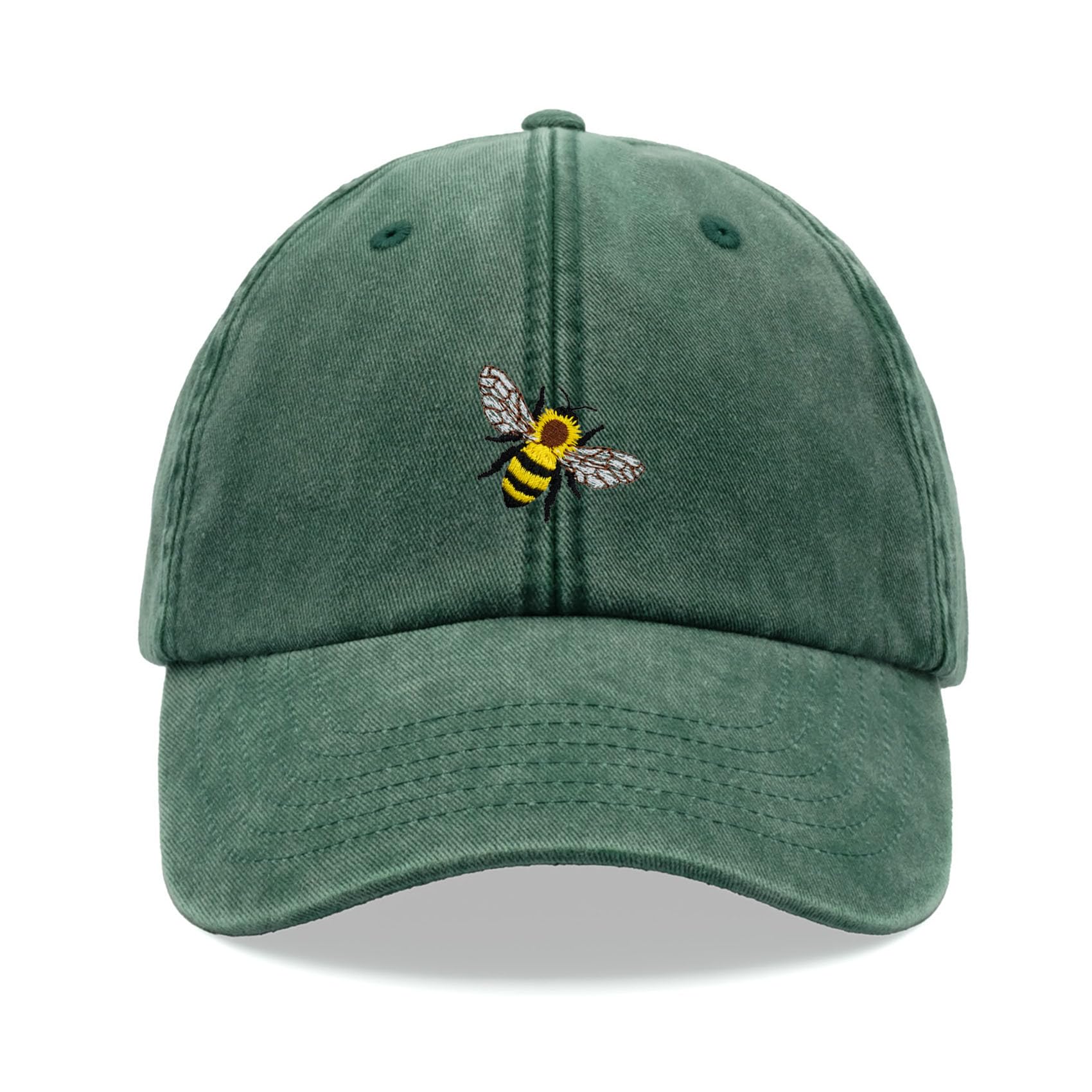 Honey Bee Baseball Cap Vintage Washed Unisex Dad Hat Adjustable Bottle Green