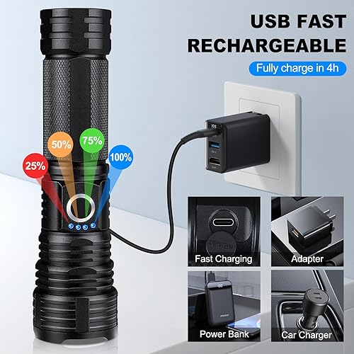 Miniatura 3 de Linternas recargables de alto lúmenes, paquete de 2 99000 lúmenes linterna LED súper brillante con 5 modos e impermeable, carga rápida USB, luz de