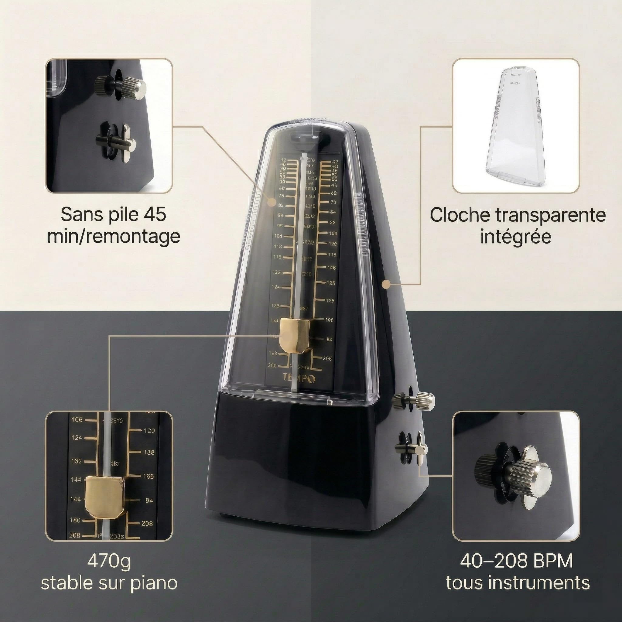 TEMPO Métronome Mécanique Noir À Balancier Avec Cloche, Metronome Piano, 40 À 208 BPM, Pour Guitare, Violon, Batterie, Saxophone, Flûte, Clarinette