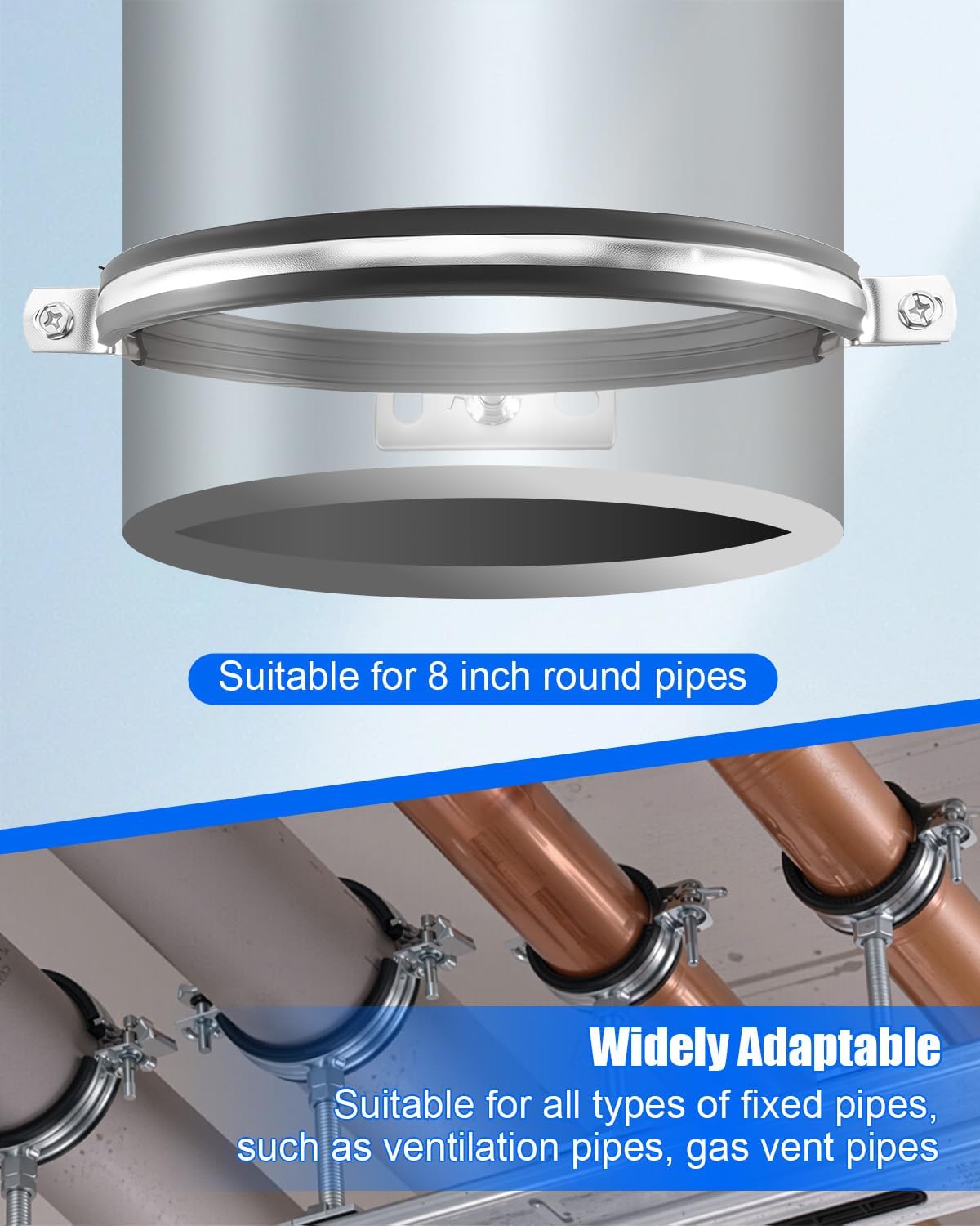 2 Pcs 8 Inch Adjustable Pipe Bracket, Split Ring Pipe Hanger, Heavy Duty B Vent Wall Strap Round Gas Vent Strap, Chimney Support Mount with Mounting Screws Anti-Slip Pads