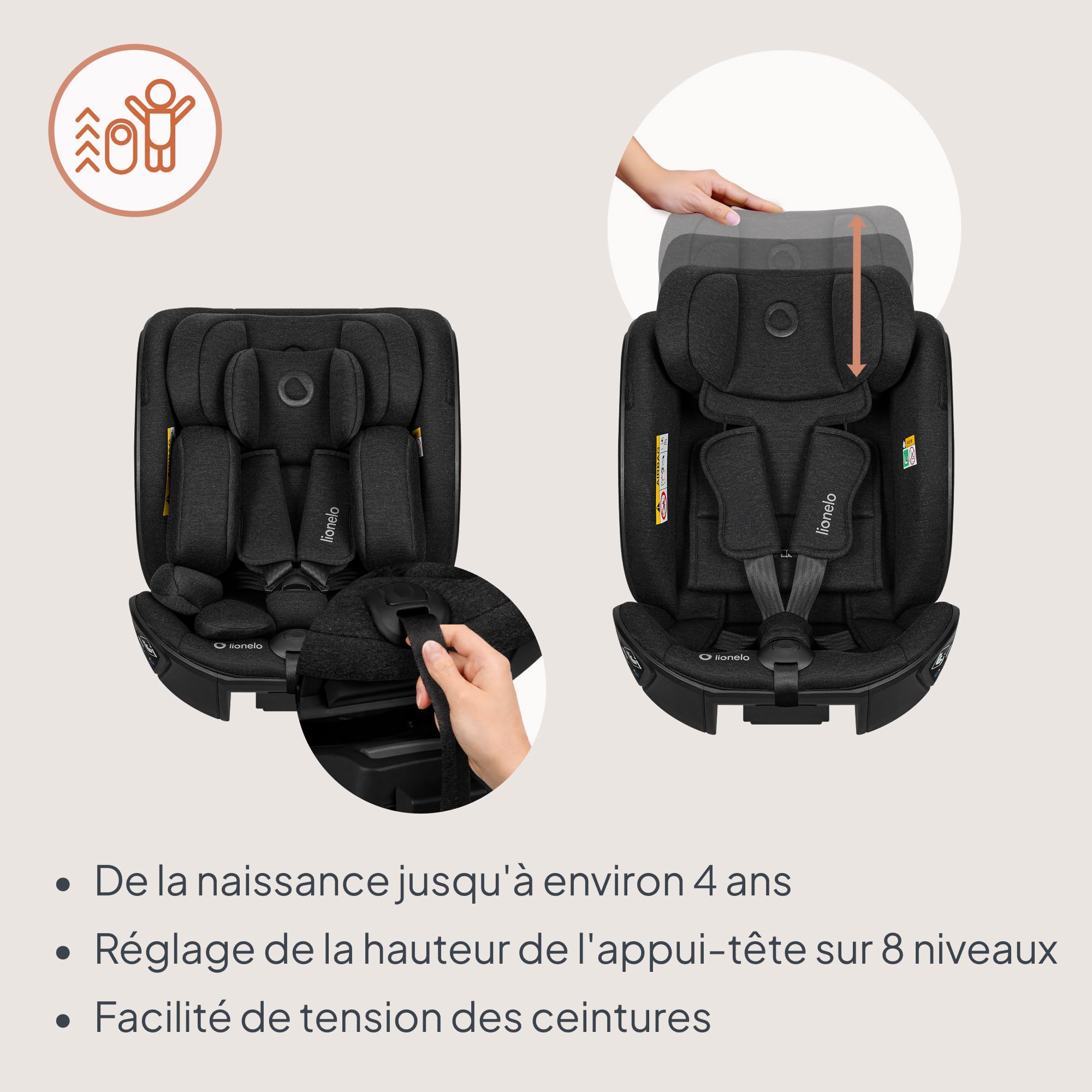 Lionelo Moxie Next i-Size Siège Auto Pivotant Pour Bébé Env. 0-4 Ans (40-105 Cm), 0-18 Kg, Installation Sur Base Rotative 360°, Protection Latérale SIP (Black)