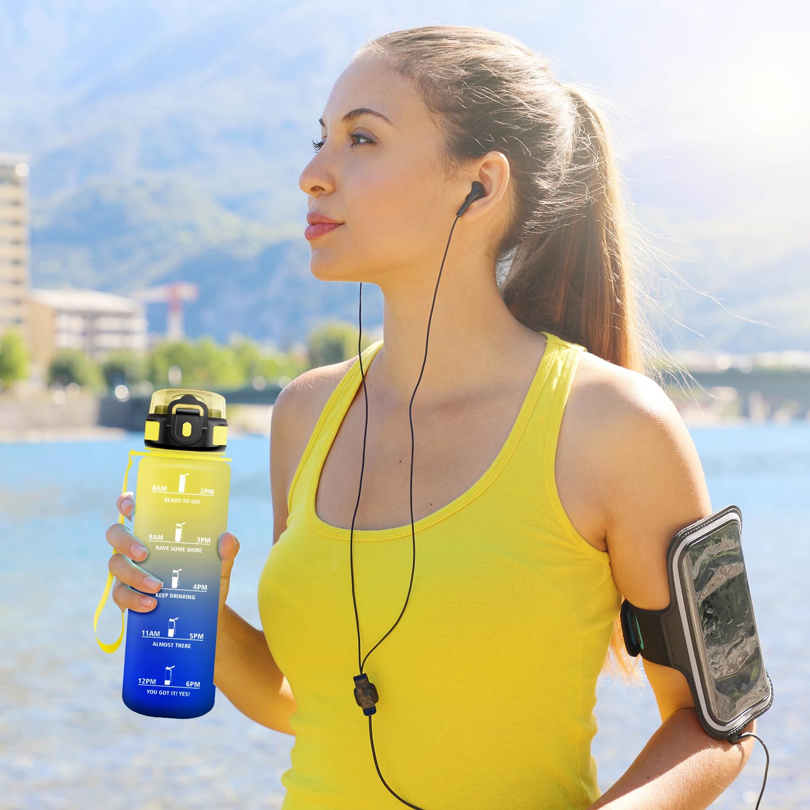 Borraccia Sportiva 1L, Borraccia con Cannuccia, a Prova di Perdite, Bottiglia Acqua con Indicatore del Tempo, per Scuola, Ufficio, Lavoro, Studenti, Ufficio, Palestra