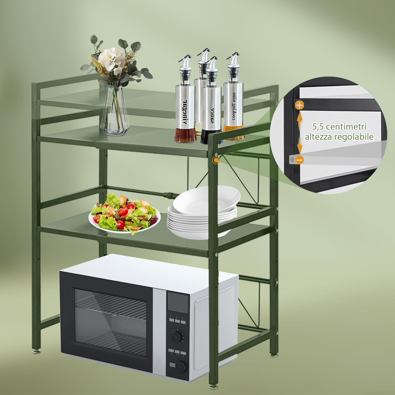 Scaffale a microonde a 2 livelli, larghezza regolabile, supporto per riporre il tostapane, scaffale cucina, allungabile da 40 a 63 cm, capacità di carico 75 kg (nero)