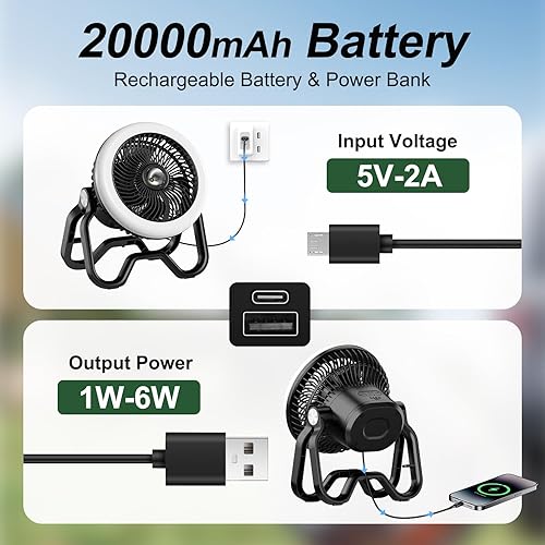 Miniatura 5 de Linterna portátil recargable para campamento, 40 horas, 20000 mAh, inalámbrico, funciona con pilas, ventilador oscilante con control remoto, gancho