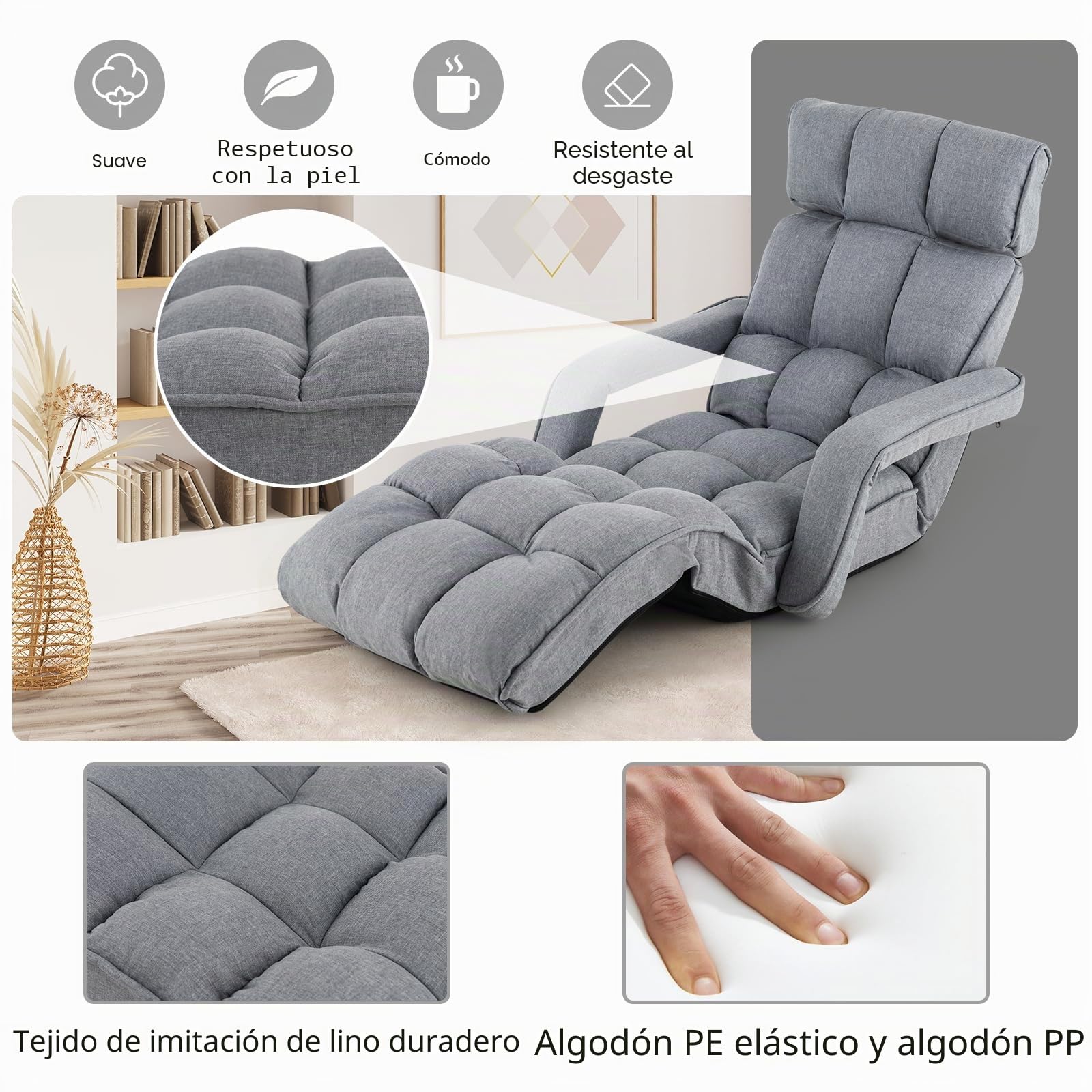 GOPLUS Sillón Relax Reclinable en 6 Posiciones, Sillla Suelo Plegable con Cojín Acolchado, Sofá Orejero Individual para Lectura y Gamer en Dormitorio,196 x 72 x 19.5 cm, Gris (Gris Oscuro)