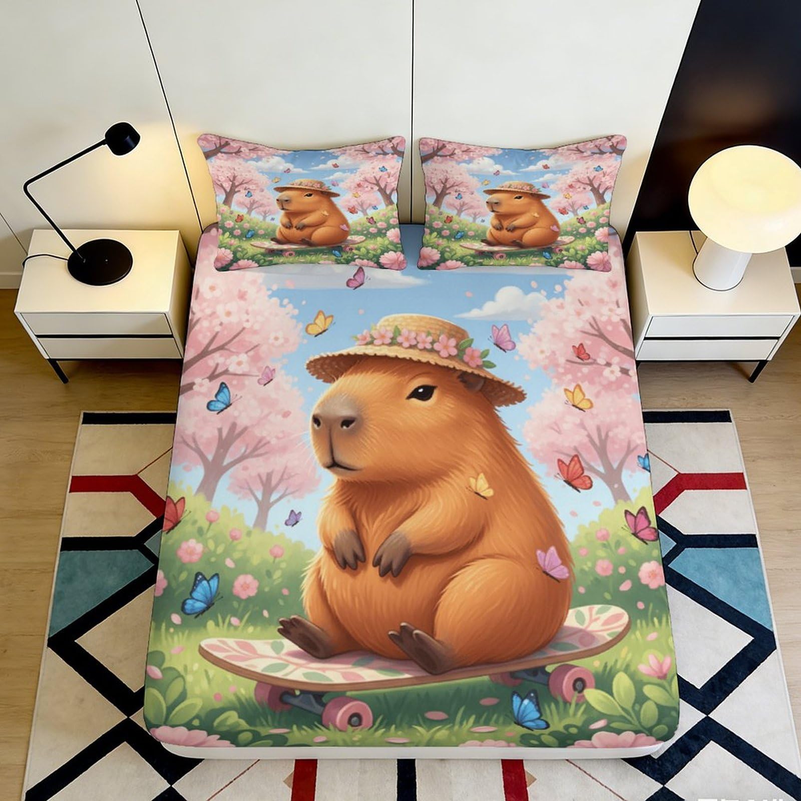 3D Printed Capybara Cartoon Fitted Sheet Microfiber Soft Pink Blossom Mattress Cover for Bedroom Dorm Decor 90x200x25cm