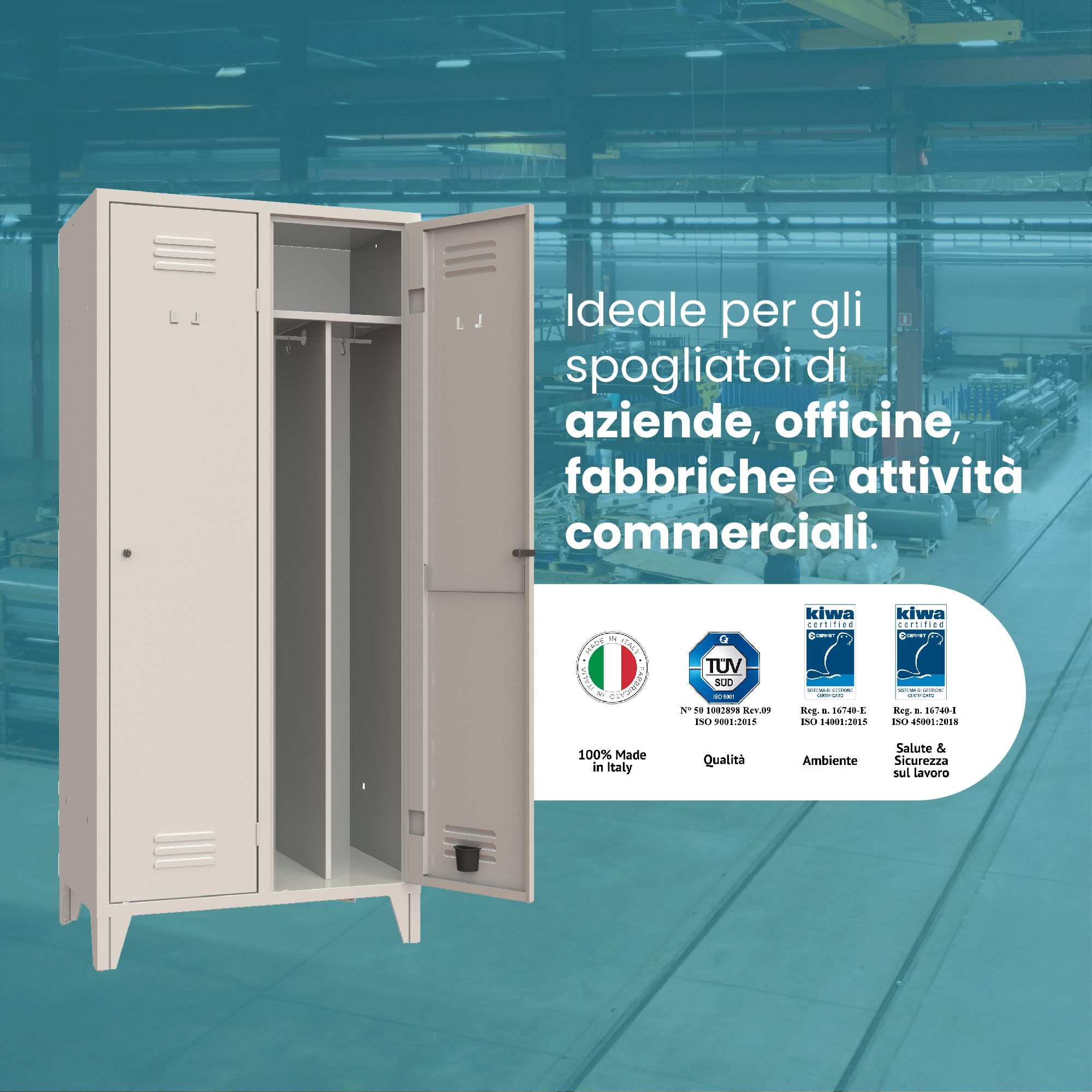 XLOCKERS Armadio Spogliatoio Monoblocco 2 Posti in Metallo - Armadio Robusto Made In Italy con Divisorio Sporco/Pulito - Grigio RAL 7035-69x50x180cm
